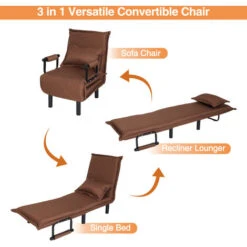 Puluomis 3-In-1 Single Sofa Bed, Folding Armchair, Sleeper, Lounge Couch Seat, With Adjustable Backrest, Pillow, Brown -Living Room Furniture Store 68565679 3