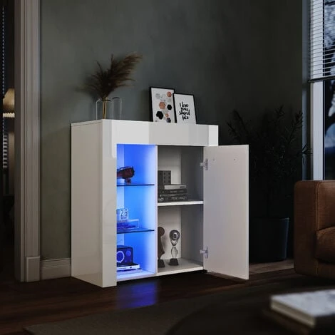 ELEGANT Display Cabinet 1 Door Modern LED Lights High Gloss Sideboard In White, 750 X 350 X 830 Mm Storage Cabinet With 5mm Tempered Glass Shelves 4 ELEGANT Display Cabinet 1 Door Modern LED Lights High Gloss Sideboard In White, 750 X 350 X 830 Mm Storage Cabinet With 5mm Tempered Glass Shelves - Image 2