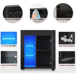 ELEGANT Display Cabinet Black 1 Door High Gloss Sideboard, 750 X 350 X 830 Mm LED Light Storage Cabinet With 5mm Tempered Glass Shelves -Living Room Furniture Store 69469685 4