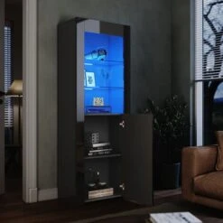 ELEGANT Display Cabinet Black 600 X 350 X 1650 Mm High Gloss Sideboard With Double 5mm Safety Tempered Glass Shelves, LED Light Storage Cabinet -Living Room Furniture Store 69469689 2