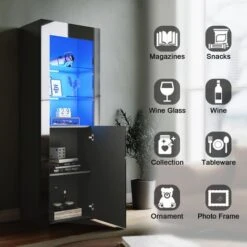 ELEGANT Display Cabinet Black 600 X 350 X 1650 Mm High Gloss Sideboard With Double 5mm Safety Tempered Glass Shelves, LED Light Storage Cabinet -Living Room Furniture Store 69469689 3