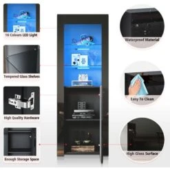 ELEGANT Display Cabinet Black 600 X 350 X 1650 Mm High Gloss Sideboard With Double 5mm Safety Tempered Glass Shelves, LED Light Storage Cabinet -Living Room Furniture Store 69469689 4