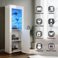 ELEGANT Display Cabinet 600 X 350 X 1650 Mm White High Gloss Storage Cabinet With Double 5mm Safety Tempered Glass Shelves, LED Light Sideboard -Living Room Furniture Store 69469691 3