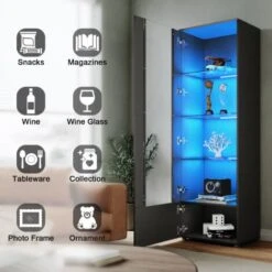 ELEGANT Display Cabinet High Gloss Storage Cabinet In Black, 600 X 400 X 1870 Mm Bookcase With 5mm Safety Tempered Glass And Wood Shelves, LED Lights 9 ELEGANT Display Cabinet High Gloss Storage Cabinet In Black, 600 X 400 X 1870 Mm Bookcase With 5mm Safety Tempered Glass And Wood Shelves, LED Lights -Living Room Furniture Store 69469695 3