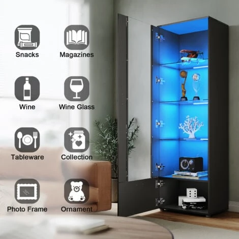ELEGANT Display Cabinet High Gloss Storage Cabinet In Black, 600 X 400 X 1870 Mm Bookcase With 5mm Safety Tempered Glass And Wood Shelves, LED Lights 5 ELEGANT Display Cabinet High Gloss Storage Cabinet In Black, 600 X 400 X 1870 Mm Bookcase With 5mm Safety Tempered Glass And Wood Shelves, LED Lights - Image 3