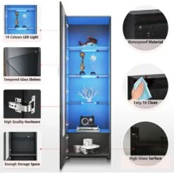 ELEGANT Display Cabinet High Gloss Storage Cabinet In Black, 600 X 400 X 1870 Mm Bookcase With 5mm Safety Tempered Glass And Wood Shelves, LED Lights 10 ELEGANT Display Cabinet High Gloss Storage Cabinet In Black, 600 X 400 X 1870 Mm Bookcase With 5mm Safety Tempered Glass And Wood Shelves, LED Lights -Living Room Furniture Store 69469695 4