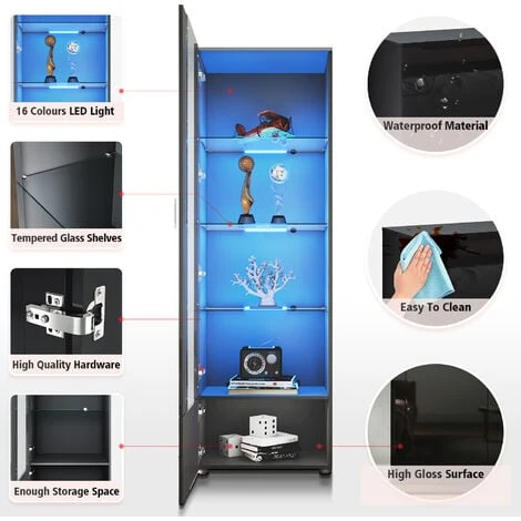 ELEGANT Display Cabinet High Gloss Storage Cabinet In Black, 600 X 400 X 1870 Mm Bookcase With 5mm Safety Tempered Glass And Wood Shelves, LED Lights 6 ELEGANT Display Cabinet High Gloss Storage Cabinet In Black, 600 X 400 X 1870 Mm Bookcase With 5mm Safety Tempered Glass And Wood Shelves, LED Lights - Image 4