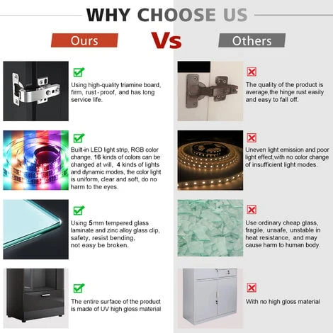 ELEGANT Display Cabinet High Gloss Storage Cabinet In Black, 600 X 400 X 1870 Mm Bookcase With 5mm Safety Tempered Glass And Wood Shelves, LED Lights 7 ELEGANT Display Cabinet High Gloss Storage Cabinet In Black, 600 X 400 X 1870 Mm Bookcase With 5mm Safety Tempered Glass And Wood Shelves, LED Lights - Image 5