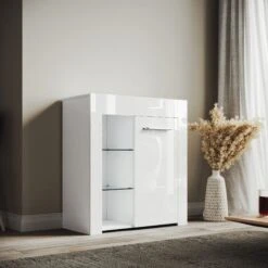 ELEGANT Modern LED Small Display Cabinet In White High Gloss 830 X 750 X 35 Mm Cupboard With 5mm Tempered Safety Glass Shelves Sideboard Unit For Living Room