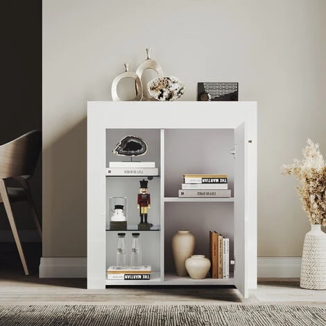 ELEGANT Modern LED Small Display Cabinet In White High Gloss 830 X 750 X 35 Mm Cupboard With 5mm Tempered Safety Glass Shelves Sideboard Unit For Living Room 4 ELEGANT Modern LED Small Display Cabinet In White High Gloss 830 X 750 X 35 Mm Cupboard With 5mm Tempered Safety Glass Shelves Sideboard Unit For Living Room - Image 2