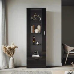 ELEGANT Modern LED Tall Display Cabinet In Black High Gloss 1870 X 600 X 40 Mm Cupboard With 5mm Tempered Safety Glass Shelves Sideboard Unit For Living Room