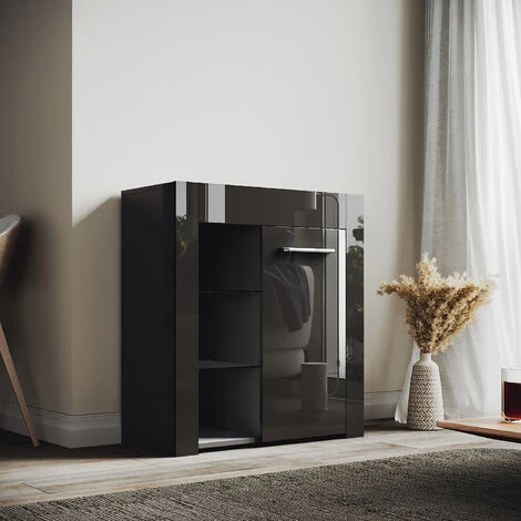 ELEGANT Designer Small Display Cabinet Cupboard In Black High Gloss Multicolour LED Lights 5mm Tempered Safety Glass Shelves 830 X 750 X 35 Mm 4 ELEGANT Designer Small Display Cabinet Cupboard In Black High Gloss Multicolour LED Lights 5mm Tempered Safety Glass Shelves 830 X 750 X 35 Mm - Image 2