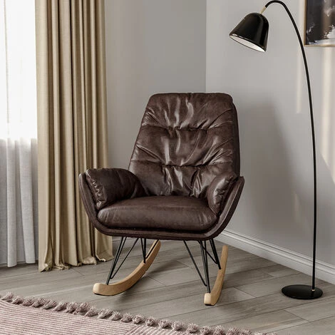 Livingandhome Brown Modern Leather Rocking Chair With Oak Runner 3 Livingandhome Brown Modern Leather Rocking Chair With Oak Runner