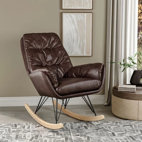 Livingandhome Brown Modern Leather Rocking Chair With Oak Runner 4 Livingandhome Brown Modern Leather Rocking Chair With Oak Runner - Image 2
