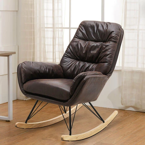 Livingandhome Brown Modern Leather Rocking Chair With Oak Runner 5 Livingandhome Brown Modern Leather Rocking Chair With Oak Runner - Image 3
