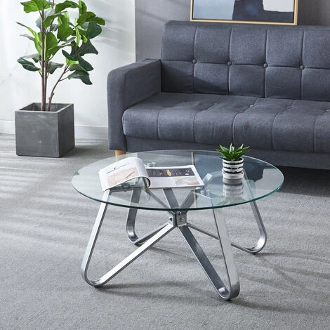 Livingandhome Round Coffee Table Modern Sofa Side Table With Glass Top,Silver 3 Livingandhome Round Coffee Table Modern Sofa Side Table With Glass Top,Silver