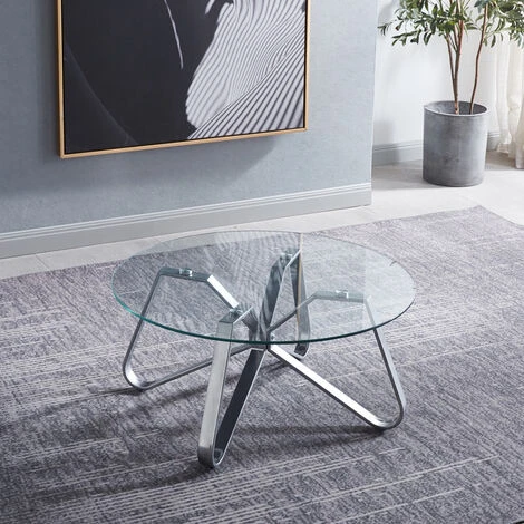 Livingandhome Round Coffee Table Modern Sofa Side Table With Glass Top,Silver 4 Livingandhome Round Coffee Table Modern Sofa Side Table With Glass Top,Silver - Image 2