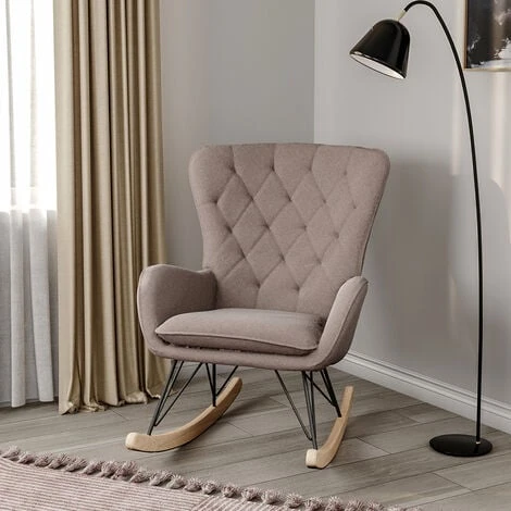 Livingandhome Grey Modern Upholstered Rocking Chair With Rubberwood Runner 3 Livingandhome Grey Modern Upholstered Rocking Chair With Rubberwood Runner