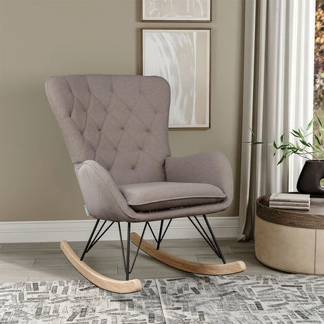 Livingandhome Grey Modern Upholstered Rocking Chair With Rubberwood Runner 4 Livingandhome Grey Modern Upholstered Rocking Chair With Rubberwood Runner - Image 2