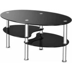 COSTWAY Tempered Glass Coffee Table, 3-Tier Oval End Tea Center Table With Open Storage Shelf, Modern Cocktail Snack Accent Sofa Side Tables For Living Room, Bedroom And Office (Black)
