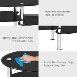 COSTWAY Tempered Glass Coffee Table, 3-Tier Oval End Tea Center Table With Open Storage Shelf, Modern Cocktail Snack Accent Sofa Side Tables For Living Room, Bedroom And Office (Black) -Living Room Furniture Store 69634932 3