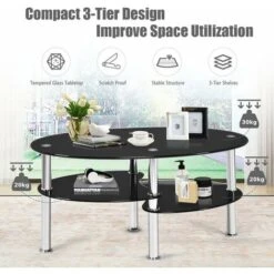 COSTWAY Tempered Glass Coffee Table, 3-Tier Oval End Tea Center Table With Open Storage Shelf, Modern Cocktail Snack Accent Sofa Side Tables For Living Room, Bedroom And Office (Black) -Living Room Furniture Store 69634932 4