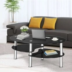 COSTWAY Tempered Glass Coffee Table, 3-Tier Oval End Tea Center Table With Open Storage Shelf, Modern Cocktail Snack Accent Sofa Side Tables For Living Room, Bedroom And Office (Black) -Living Room Furniture Store 69634932 5
