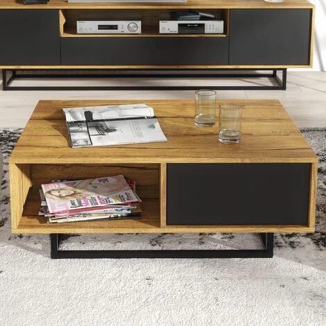 Coffee Table Living Room Oak Body & Black Drawer Oak&Black 4 Coffee Table Living Room Oak Body & Black Drawer Oak&Black - Image 2