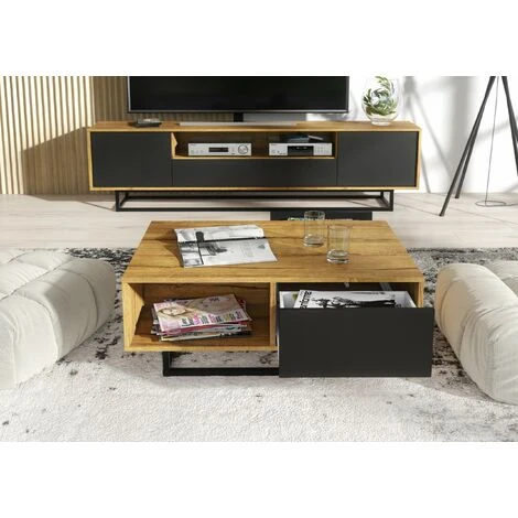 Coffee Table Living Room Oak Body & Black Drawer Oak&Black 6 Coffee Table Living Room Oak Body & Black Drawer Oak&Black - Image 4