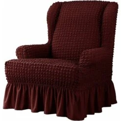 Home Decor Wingback Armchair Cover With Skirt Solid Color Polyester Spandex Armchair Cover Soft Fabric Furniture Protector -6-