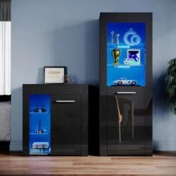 ELEGANT Black Display Cabinet Set High Gloss Living Room Set Bookcase Sideboard Cupboard With Multicolour LED Light