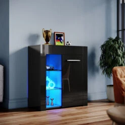 ELEGANT Black Display Cabinet Set High Gloss Living Room Set Bookcase Sideboard Cupboard With Multicolour LED Light -Living Room Furniture Store 70290095 4