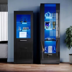 ELEGANT Black Display Cabinet Set High Gloss Living Room Set Bookcase Tall Storage Cabinet With Multicolour LED Light