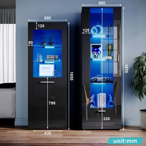 ELEGANT Black Display Cabinet Set High Gloss Living Room Set Bookcase Tall Storage Cabinet With Multicolour LED Light 4 ELEGANT Black Display Cabinet Set High Gloss Living Room Set Bookcase Tall Storage Cabinet With Multicolour LED Light - Image 2