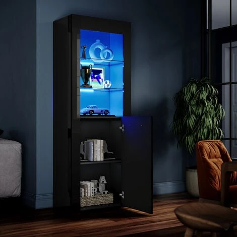 ELEGANT Black Display Cabinet Set High Gloss Living Room Set Bookcase Tall Storage Cabinet With Multicolour LED Light 5 ELEGANT Black Display Cabinet Set High Gloss Living Room Set Bookcase Tall Storage Cabinet With Multicolour LED Light - Image 3