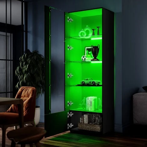 ELEGANT Black Display Cabinet Set High Gloss Living Room Set Bookcase Tall Storage Cabinet With Multicolour LED Light 6 ELEGANT Black Display Cabinet Set High Gloss Living Room Set Bookcase Tall Storage Cabinet With Multicolour LED Light - Image 4