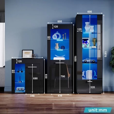 ELEGANT Black Display Cabinet Set High Gloss Living Room Set Bookcase Sideboard Cupboard Tall Storage Cabinet With Multicolour LED Light 4 ELEGANT Black Display Cabinet Set High Gloss Living Room Set Bookcase Sideboard Cupboard Tall Storage Cabinet With Multicolour LED Light - Image 2