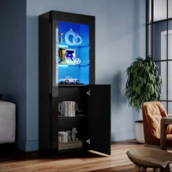 ELEGANT Black Display Cabinet Set High Gloss Living Room Set Bookcase Sideboard Cupboard Tall Storage Cabinet With Multicolour LED Light 9 ELEGANT Black Display Cabinet Set High Gloss Living Room Set Bookcase Sideboard Cupboard Tall Storage Cabinet With Multicolour LED Light -Living Room Furniture Store 70290141 3