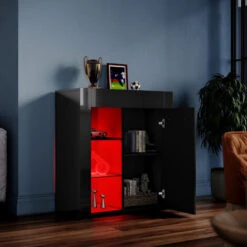 ELEGANT Black Display Cabinet Set High Gloss Living Room Set Bookcase Sideboard Cupboard Tall Storage Cabinet With Multicolour LED Light 10 ELEGANT Black Display Cabinet Set High Gloss Living Room Set Bookcase Sideboard Cupboard Tall Storage Cabinet With Multicolour LED Light -Living Room Furniture Store 70290141 4