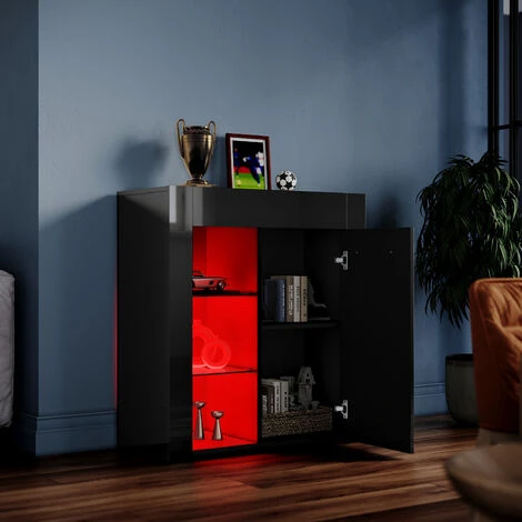 ELEGANT Black Display Cabinet Set High Gloss Living Room Set Bookcase Sideboard Cupboard Tall Storage Cabinet With Multicolour LED Light 6 ELEGANT Black Display Cabinet Set High Gloss Living Room Set Bookcase Sideboard Cupboard Tall Storage Cabinet With Multicolour LED Light - Image 4