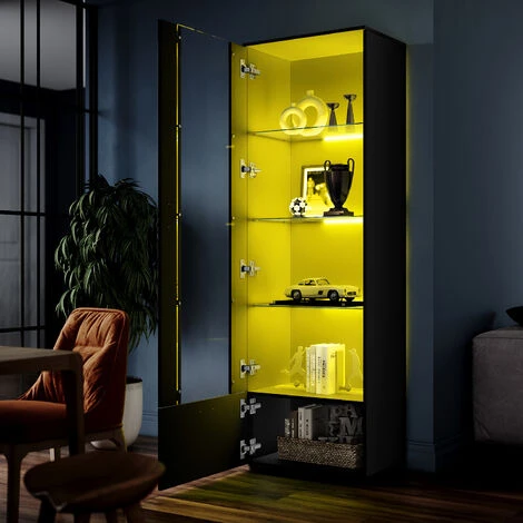 ELEGANT Black Display Cabinet Set High Gloss Living Room Set Bookcase Sideboard Cupboard Tall Storage Cabinet With Multicolour LED Light 7 ELEGANT Black Display Cabinet Set High Gloss Living Room Set Bookcase Sideboard Cupboard Tall Storage Cabinet With Multicolour LED Light - Image 5