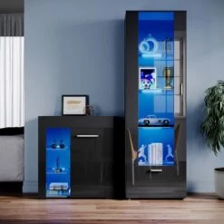 ELEGANT Black Display Cabinet Set High Gloss Living Room Set Tall Storage Cabinet Sideboard Cupboard With Multicolour LED Light