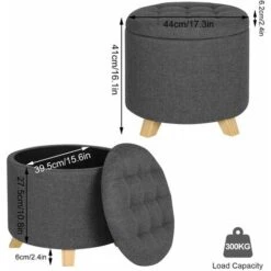 WOLTU Round Ottoman Storage Pouffe Stools Linen Footstools Dressing Vanity Chairs Dark Grey -Living Room Furniture Store 71153636 4