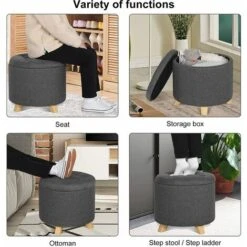 WOLTU Round Ottoman Storage Pouffe Stools Linen Footstools Dressing Vanity Chairs Dark Grey -Living Room Furniture Store 71153636 5