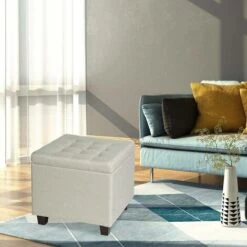 WOLTU Storage Box Ottoman Stools Upholstered Footstools Square Pouffe Cover Cream -Living Room Furniture Store 71153641 4