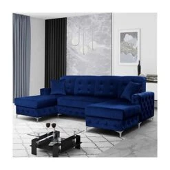Verso Large Plush Velvet U-Shape Corner Sofa Bed - Blue