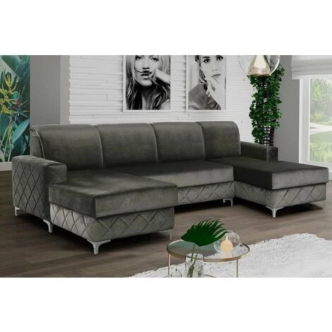 Borys Large Plush Velvet U-Shape Corner Sofa Bed - Grey 3 Borys Large Plush Velvet U-Shape Corner Sofa Bed - Grey