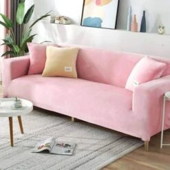 Luxurious Velvet Sofa Cover For 2 3 4 Seater, Soft Plush Couch Protector, Armrest Stretch Couch Cover, Water Resistant Furniture Protector-Pink-3 Seater 190-220cm