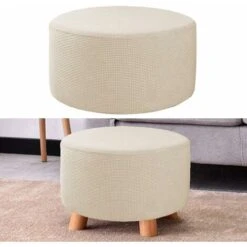 READCLY-Round Pouf Slipcovers Footstool Protector Covers Stretch Fabric Storage Pouf Covers, Elevated Slipcover Machine - Beige -Living Room Furniture Store 72166609 5