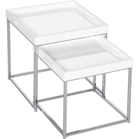 HOMCOM Square Modern Coffee Table Set Of 2, Nest Of Tables Steel Frame, High Gloss White 3 HOMCOM Square Modern Coffee Table Set Of 2, Nest Of Tables Steel Frame, High Gloss White